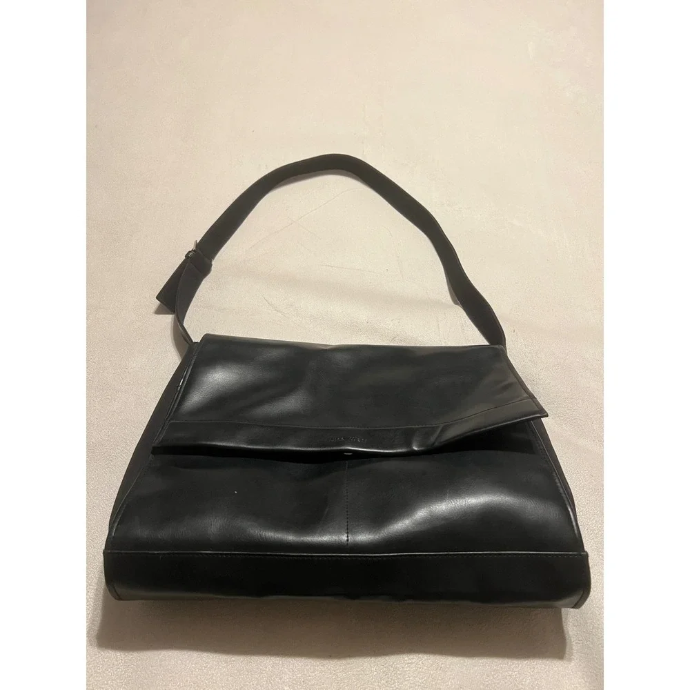 Nine West Black Leather Messenger Bag Laptop Case Professional Work Tote